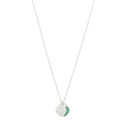Tiffany Sterling Silver Enamel Return to Tiffany Double Mini Heart Tag Pendant Necklace Blue 1 of 5