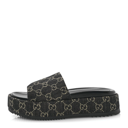 Gucci Jacquard Black Denim GG Monogram Angelina Platform 55mm Slide Sandals 40 Black Ivory 1 of 9
