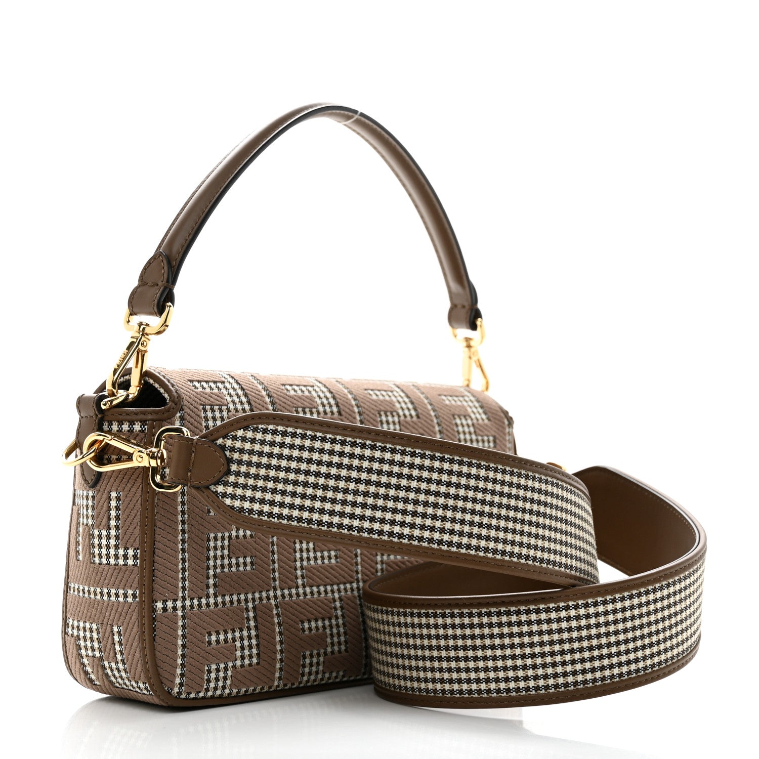 Fendi Wool Vitello King Houndstooth FF Embroidered Baguette Beige Moro 2 of 11