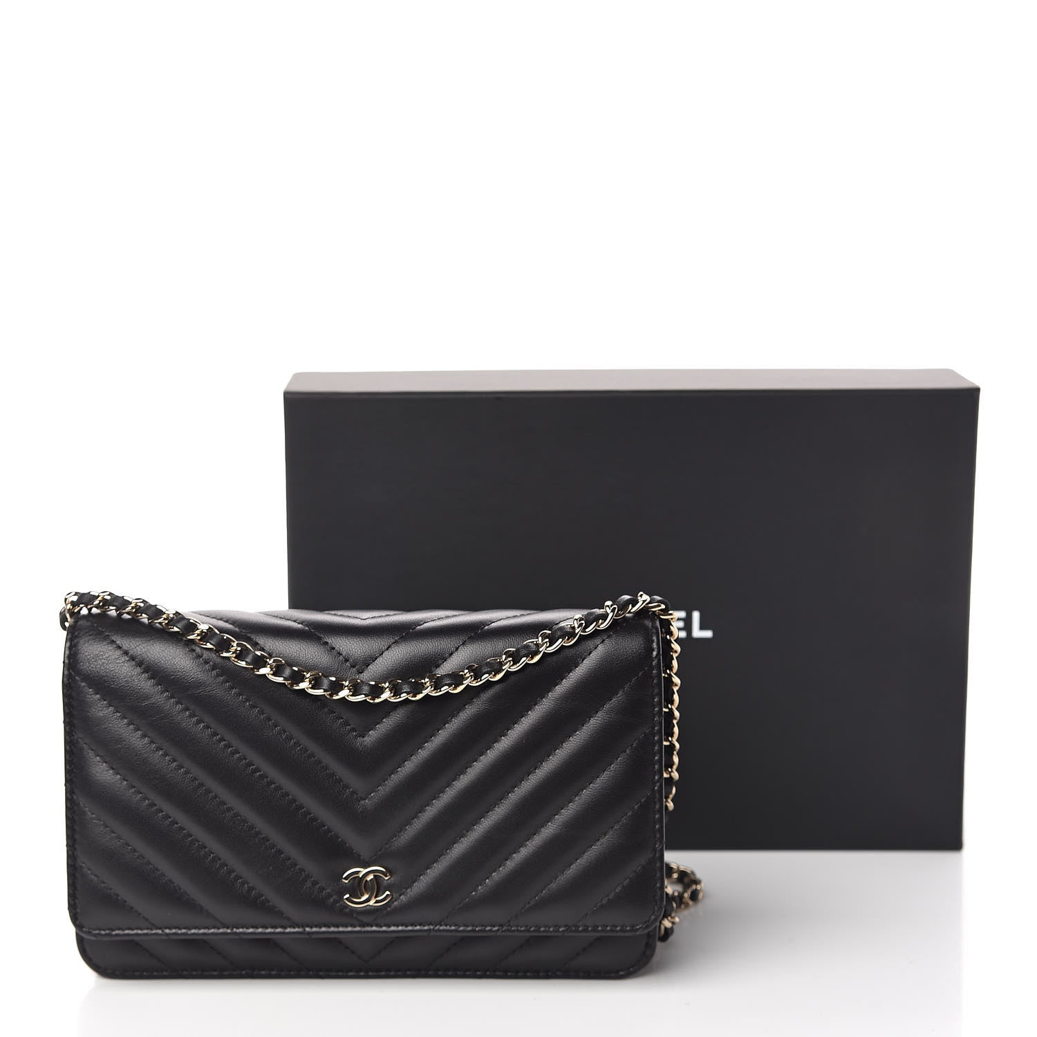 Chanel Lambskin Chevron Quilted Wallet On Chain WOC Black 12 of 12