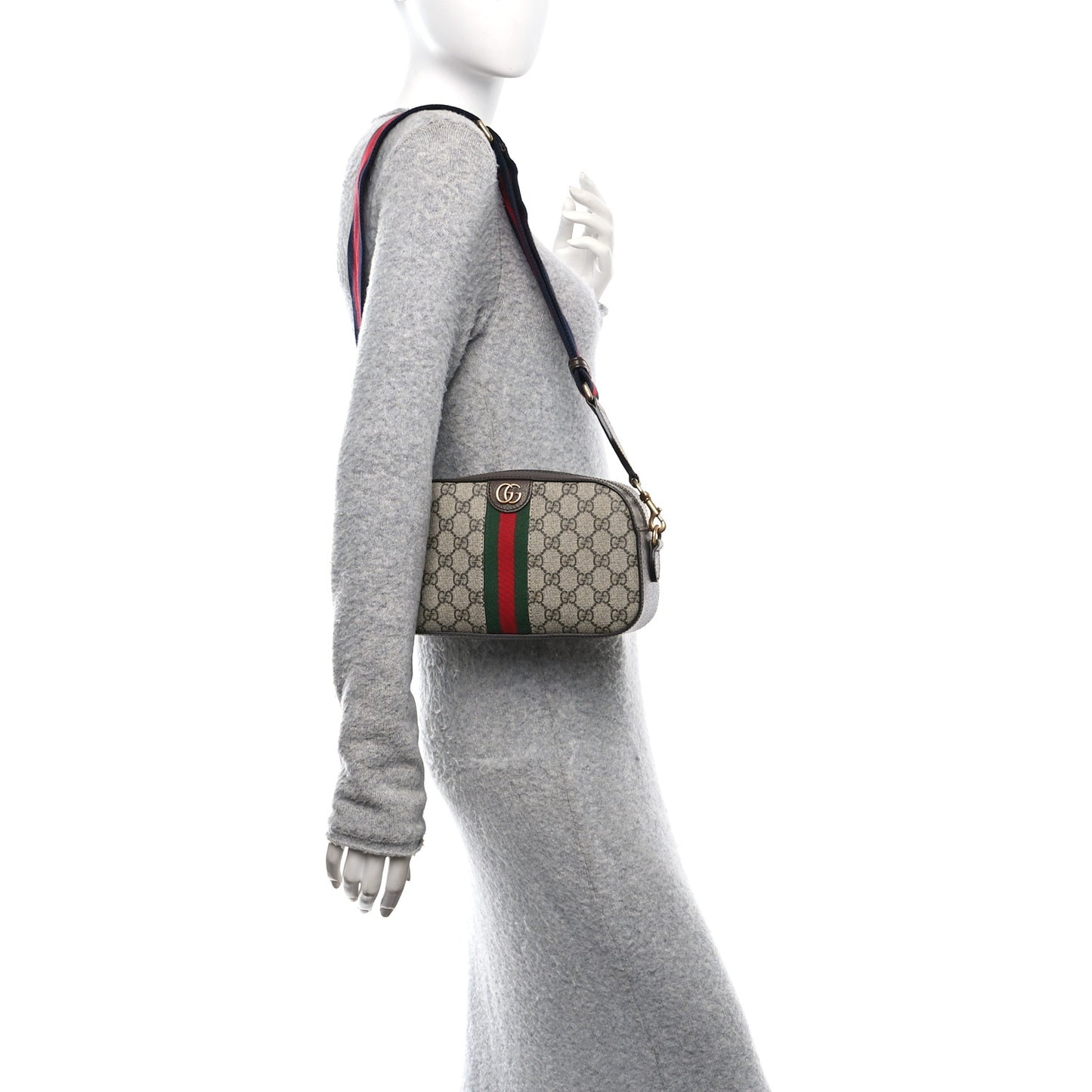 GG Supreme Monogram Textured Dollar Calfskin Web Ophidia Small Crossbody Bag Beige Ebony New Acero