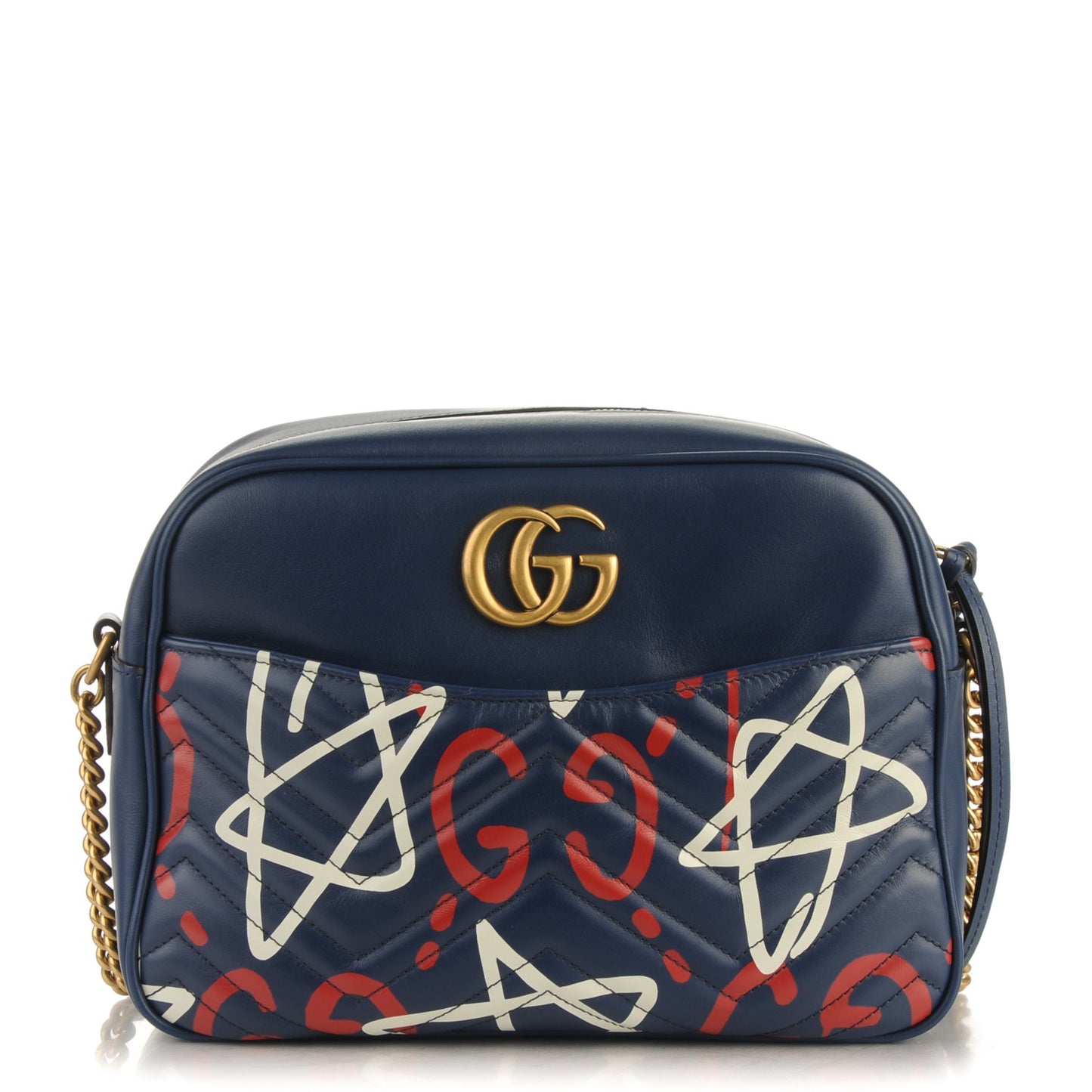 Calfskin Matelasse GucciGhost Medium GG Marmont Chain Shoulder Bag Blue Agata Hibiscus Red