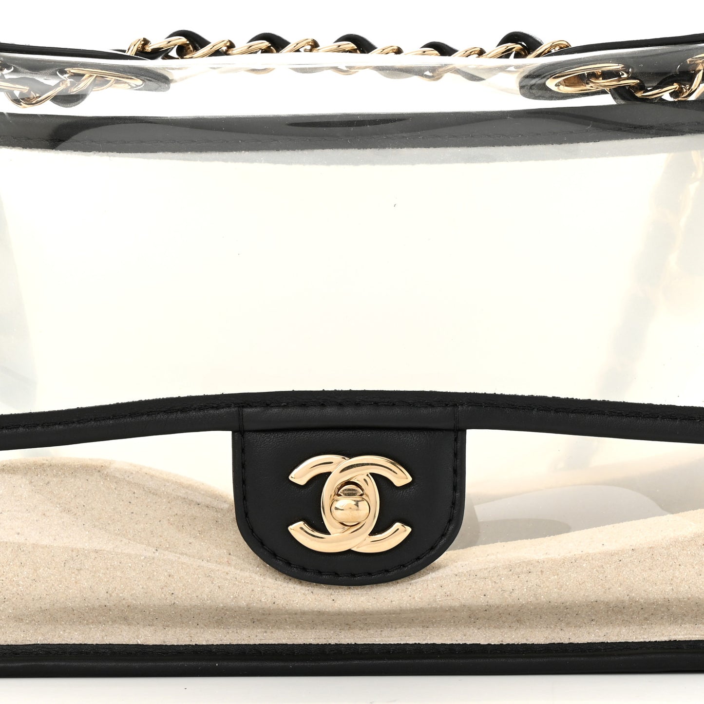 Lambskin PVC Sand By The Sea Flap With Pearl Strap Black