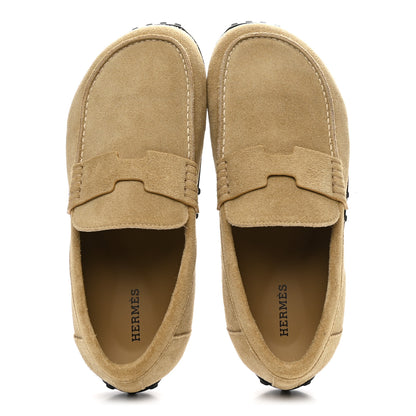 Hermes Suede Calfskin Womens Lazy Loafers 37.5 Beige Sable 2 of 11