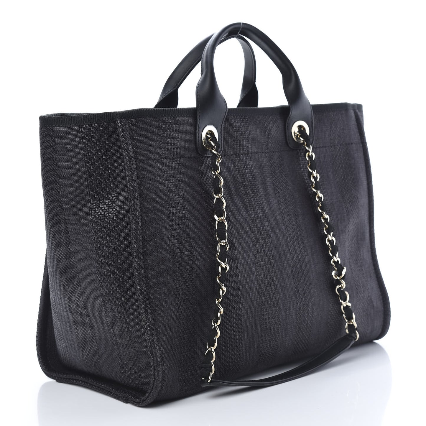 Mixed Fibers Calfskin Striped Medium Deauville Tote Black