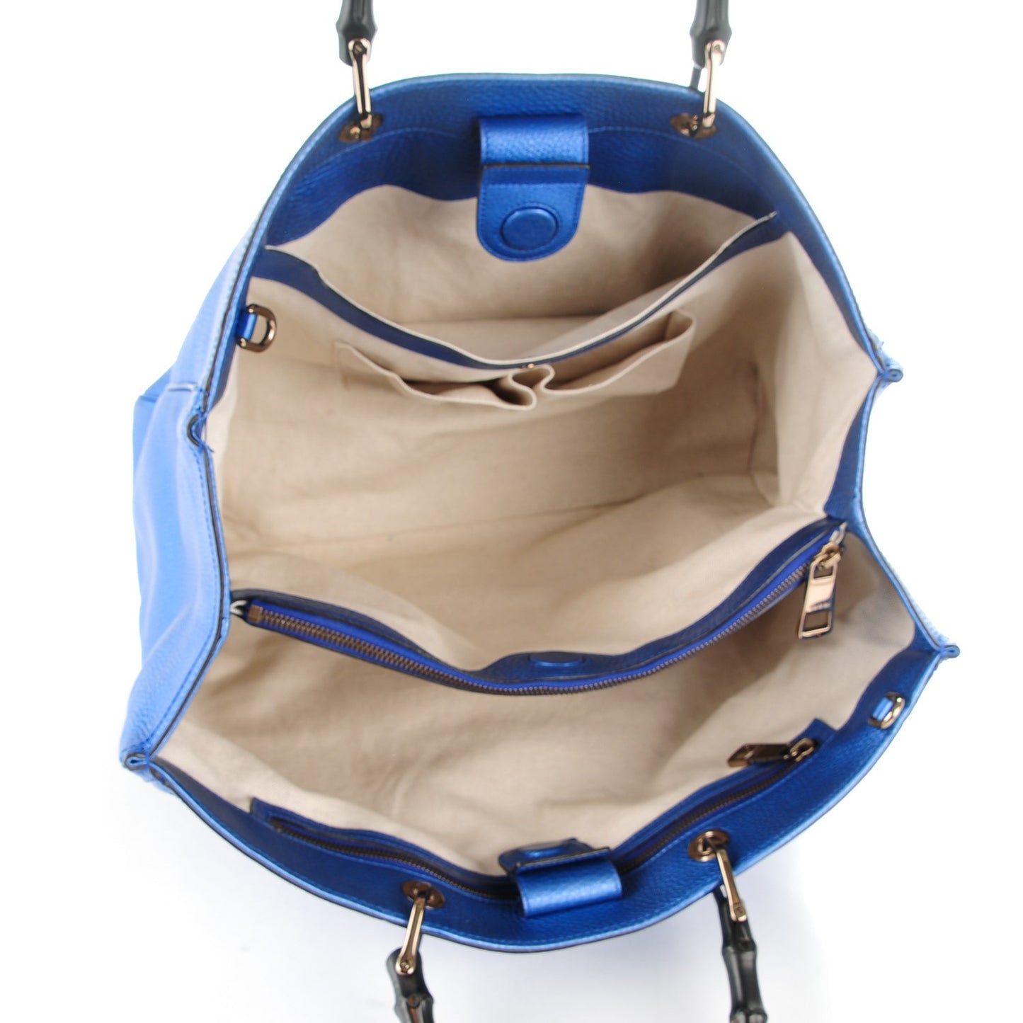 Metallic Calfskin Large Bamboo Shopper Tote Blue