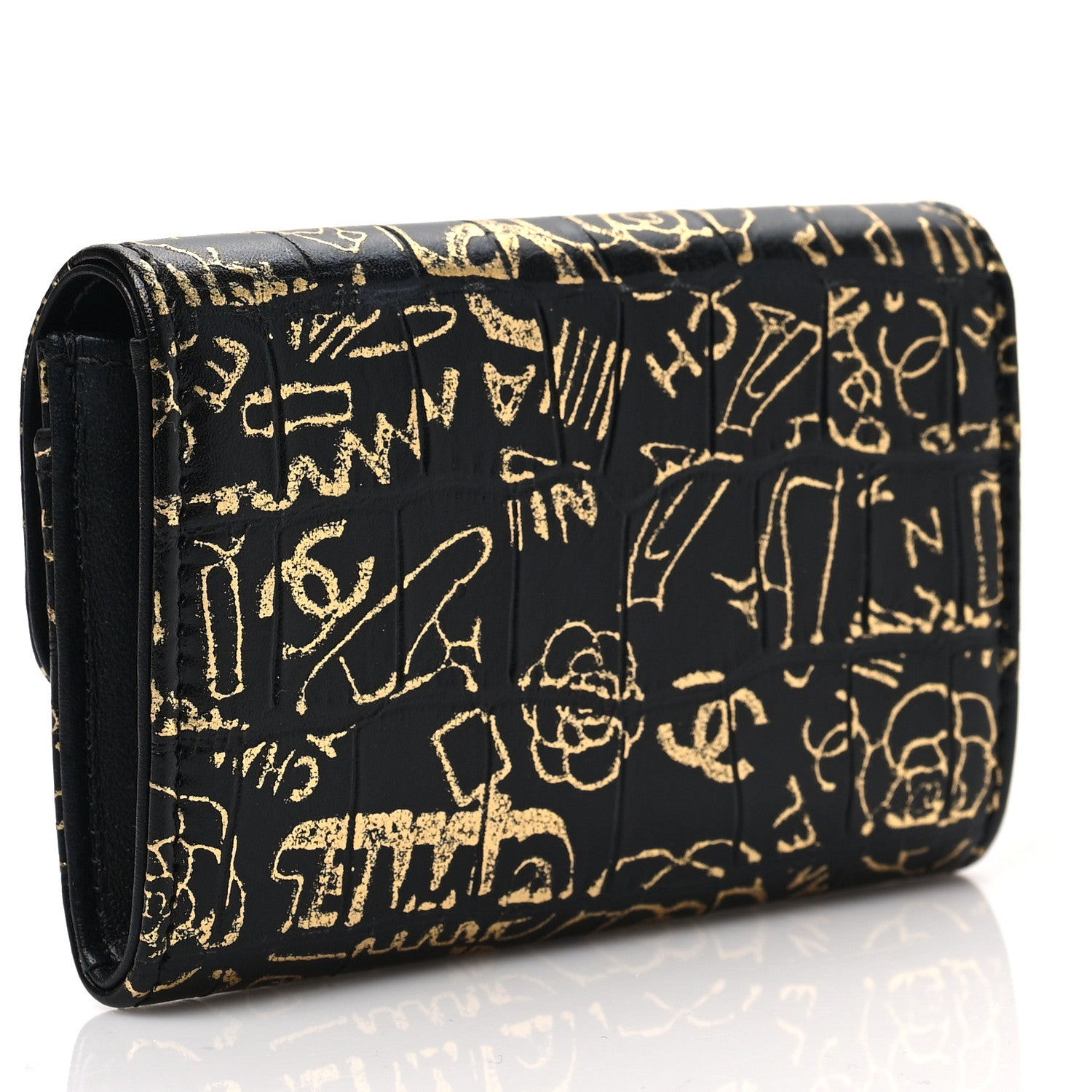 Chanel Calfskin Crocodile Embossed Graffiti Reissue Card Holder Wallet Black Gold 3 of 9