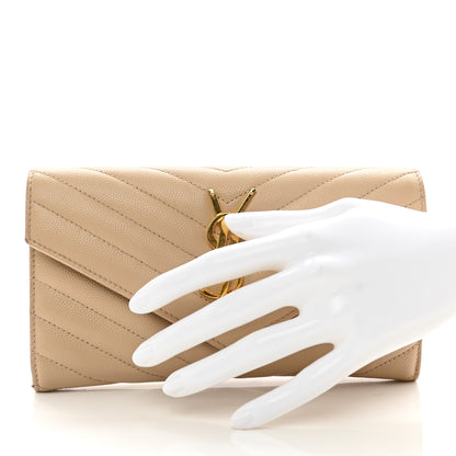 Saint Laurent Grain De Poudre Matelasse Chevron Monogram Flap Wallet Dark Beige 2 of 7