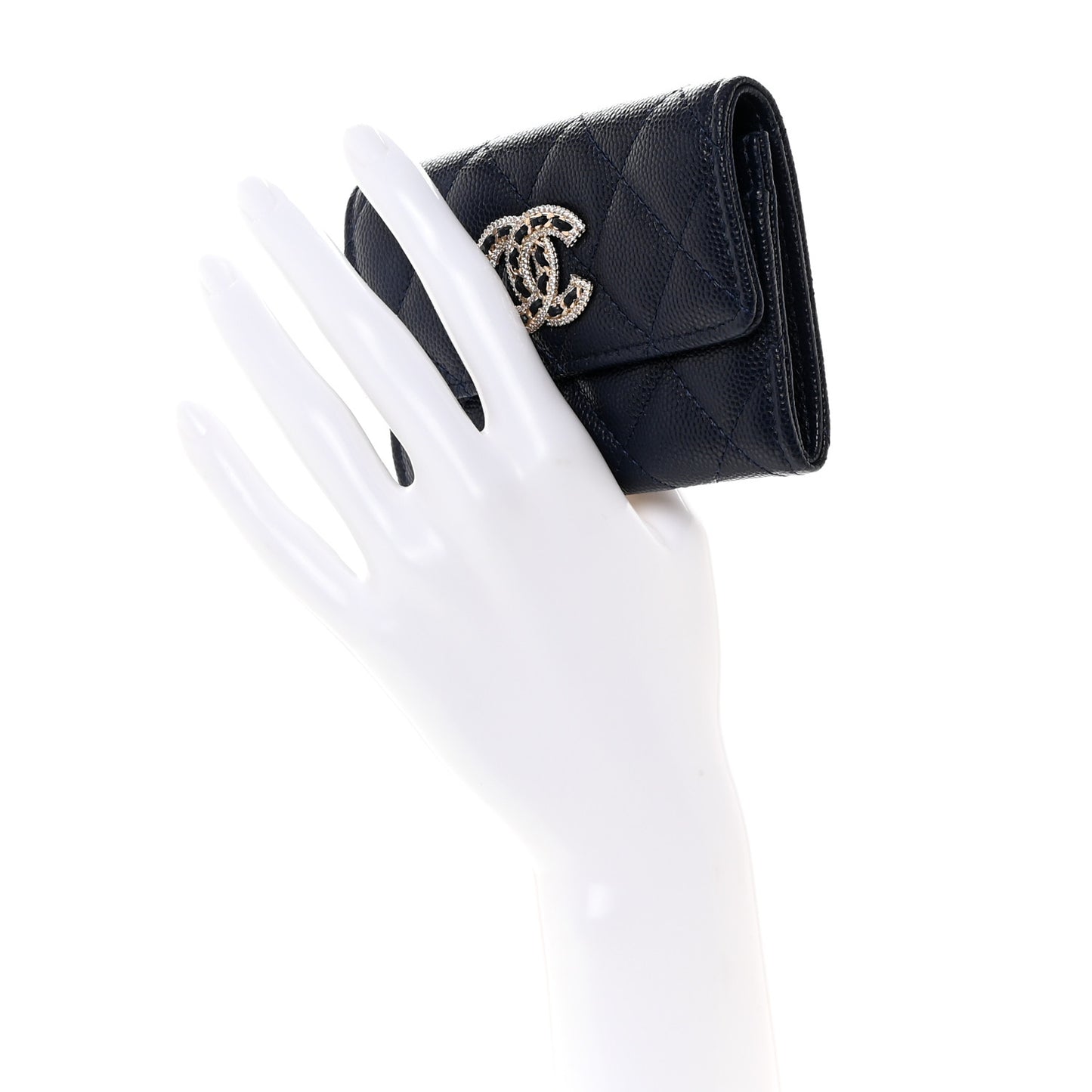 Caviar Quilted Crystal CC Flap Card Holder Navy Blue