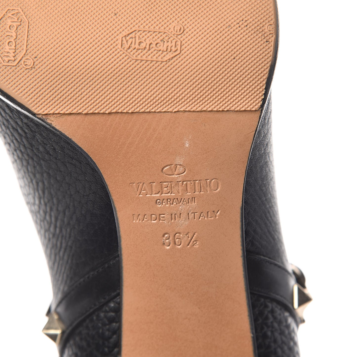 Pebbled Calfskin Rockstud Double Buckle 70mm Block Heel Ankle Boots 36.5 Black