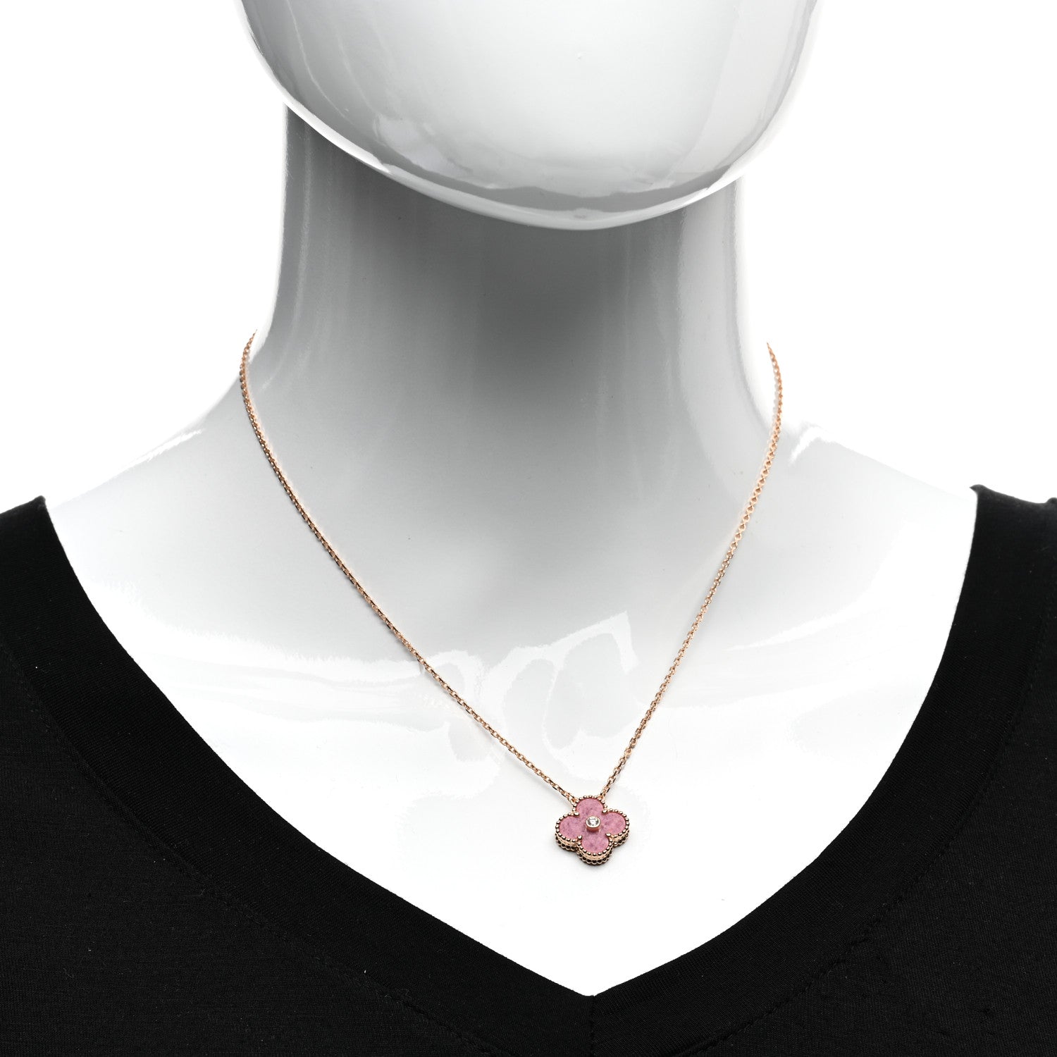 Van Cleef & Arpels 18K Rose Gold Diamond Rhodonite Vintage Alhambra Pendant Necklace 2 of 5