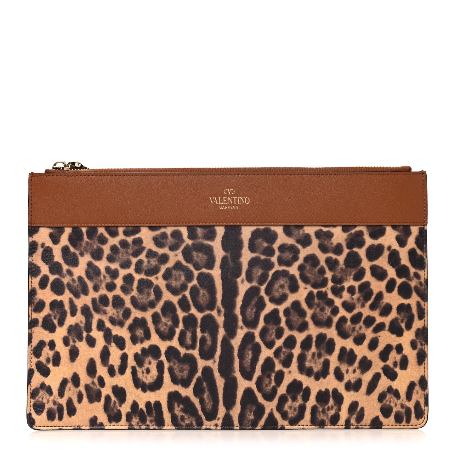 Calfskin Leopard Print City Safari Large Pouch Brown