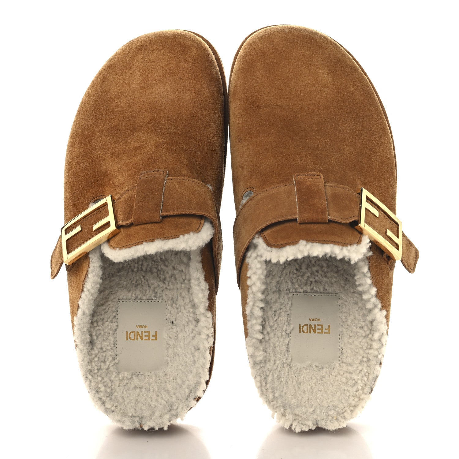 Fendi Suede Shearling Fendi Feel Buckled Clogs 39 Caramel Latte