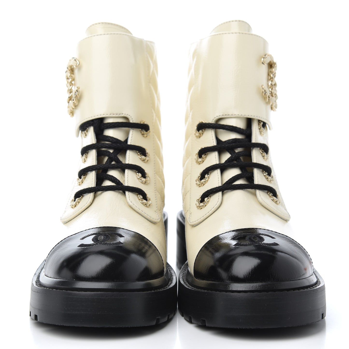Shiny Goatskin Calfskin Quilted Lace Up Combat Boots 37.5 White Black