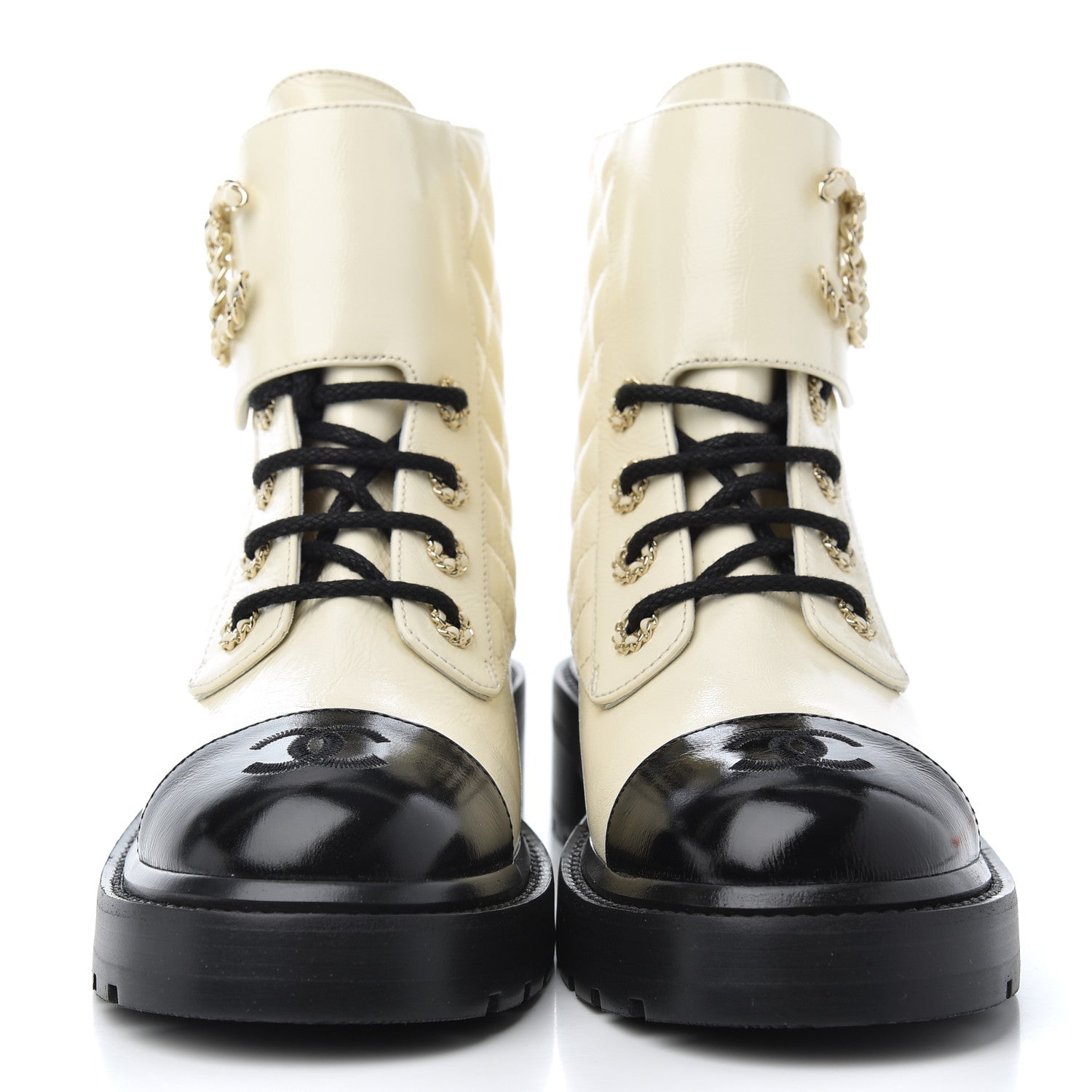 Chanel Shiny Goatskin Calfskin Quilted Lace Up Combat Boots 37.5 White Black 2 of 16