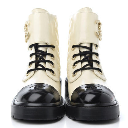 Chanel Shiny Goatskin Calfskin Quilted Lace Up Combat Boots 37.5 White Black 2 of 16