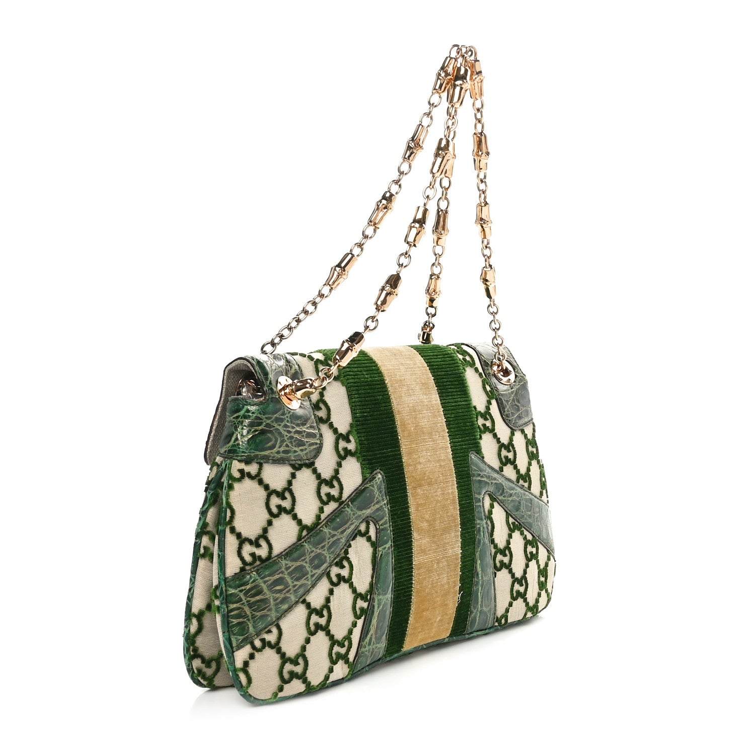Gucci Velvet Monogram Crocodile Tom Ford Jeweled Dragon Shoulder Bag Green Beige 2 of 10