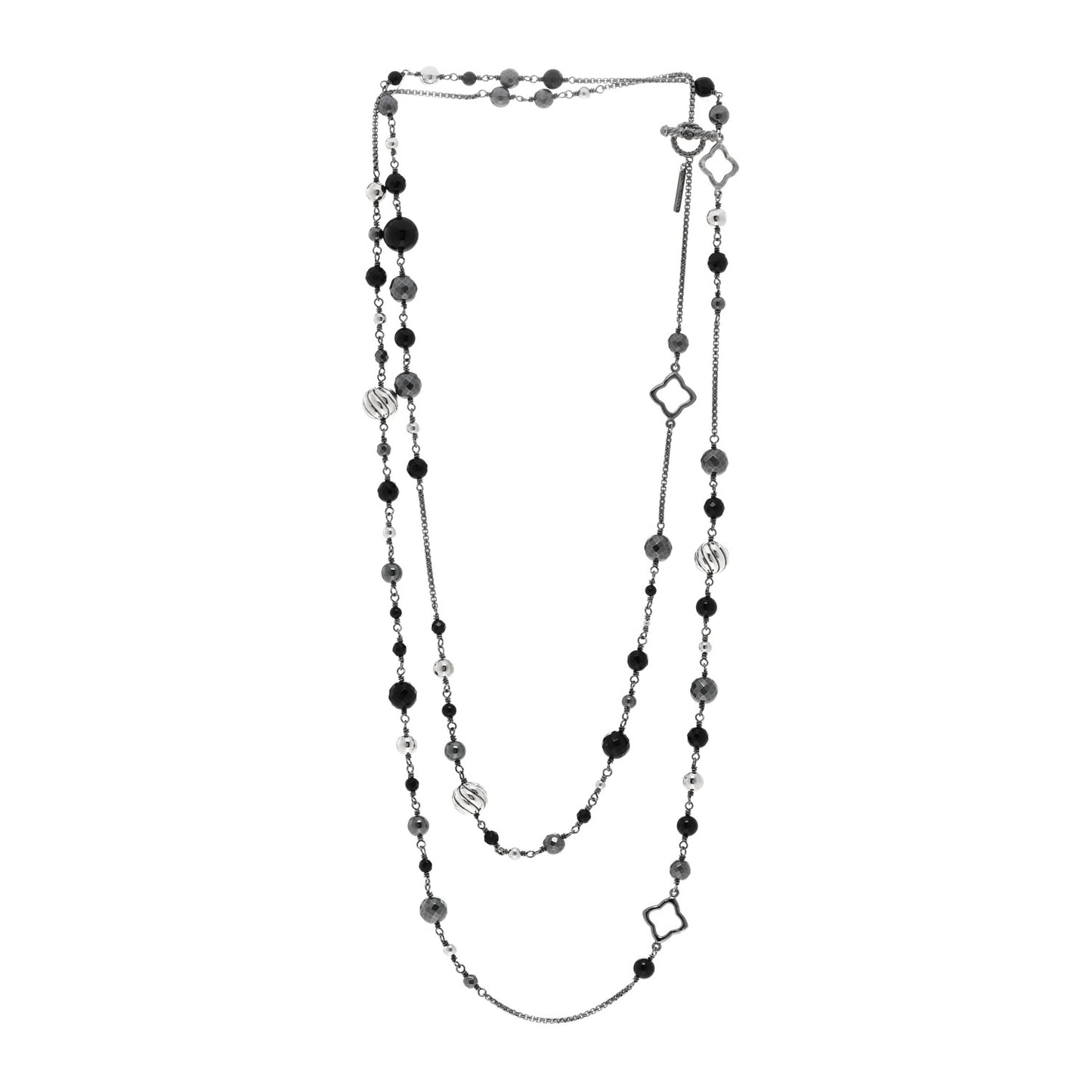 Darkened Sterling Silver Onyx Hematite Quatrefoil Bead Chain Necklace