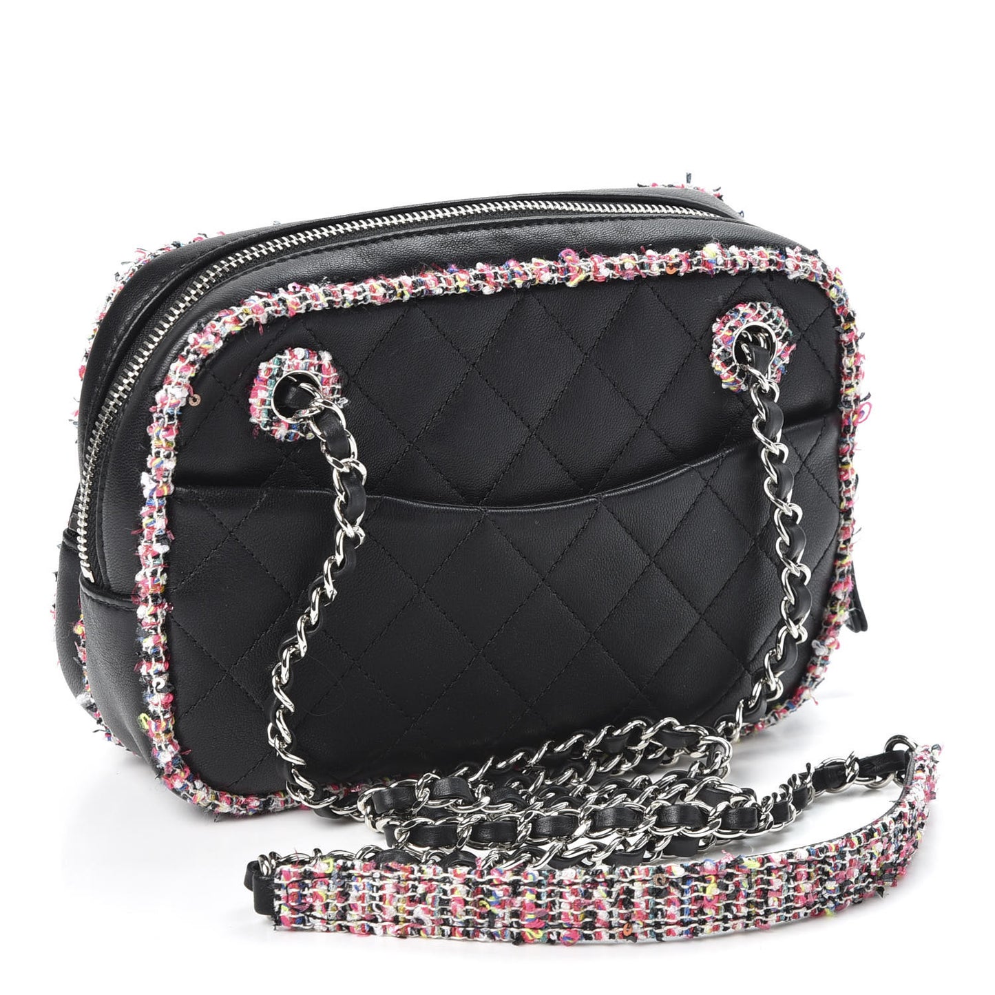 Lambskin Quilted Tweed Elegant Trim Front Zip Camera Case Black