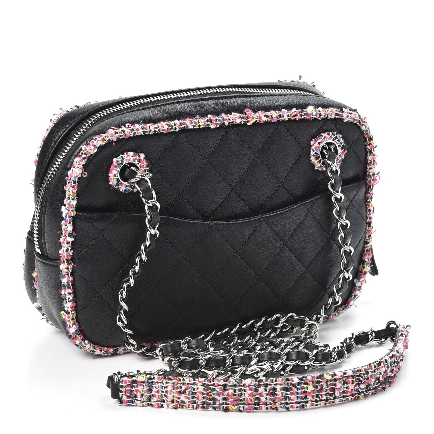 Chanel Lambskin Quilted Tweed Elegant Trim Front Zip Camera Case Black 2 of 9