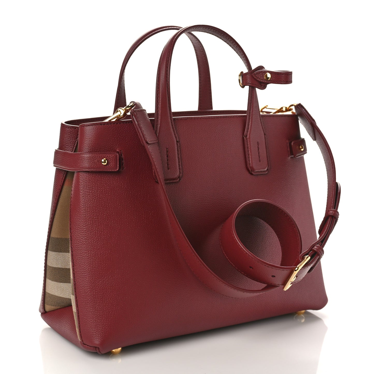 Grainy Calfskin House Check Small Banner Tote Mahogany Red
