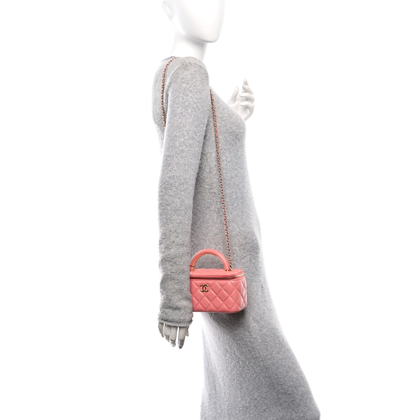 Lambskin Quilted Small Charming Top Handle Vanity Case With Chain Pink