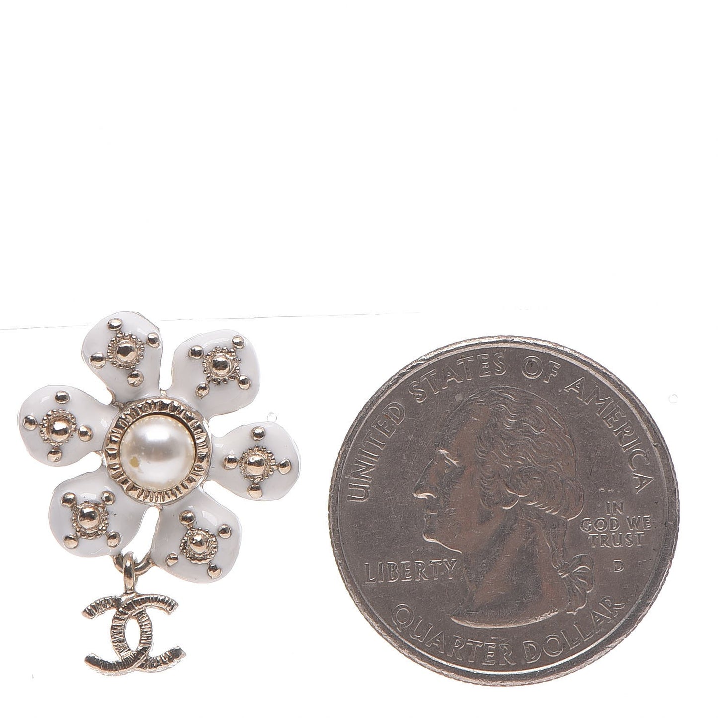 Enamel Pearl CC Flower Drop Earrings White Gold
