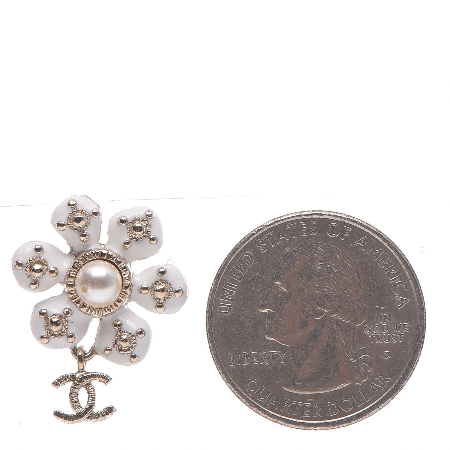 Chanel Enamel Pearl CC Flower Drop Earrings White Gold 2 of 5