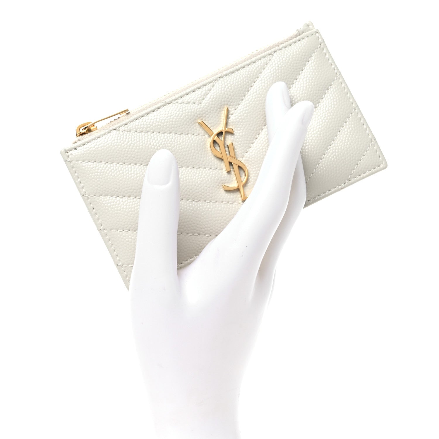 Saint Laurent Grain De Poudre Matelasse Chevron Monogram Fragments Zippered Card Case Crema Soft 2 of 7