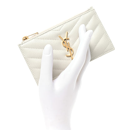 Saint Laurent Grain De Poudre Matelasse Chevron Monogram Fragments Zippered Card Case Crema Soft 2 of 7