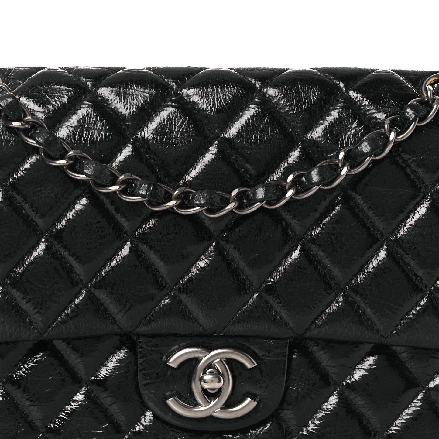 Distressed Patent Quilted Medium Double Flap Black