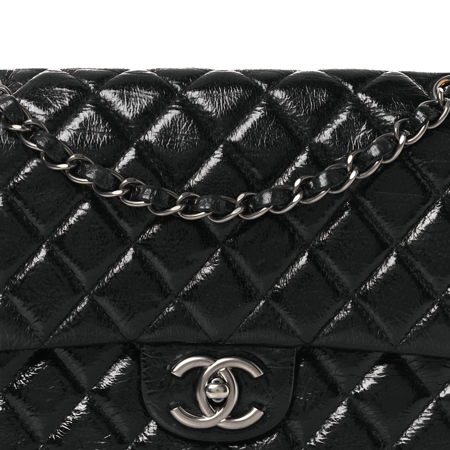 Chanel Distressed Patent Quilted Medium Double Flap Black 13 of 24