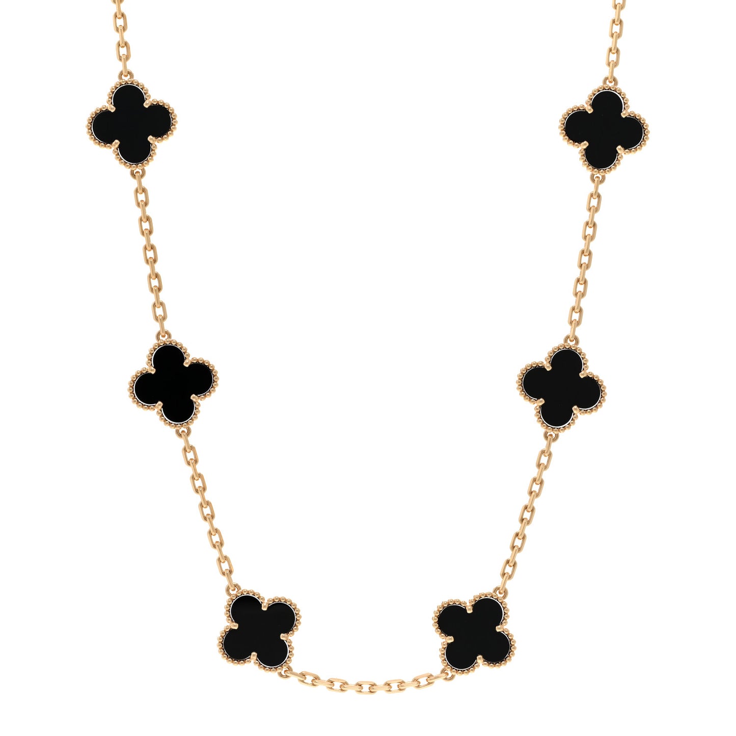 18K Yellow Gold Black Onyx 10 Motifs Vintage Alhambra Necklace