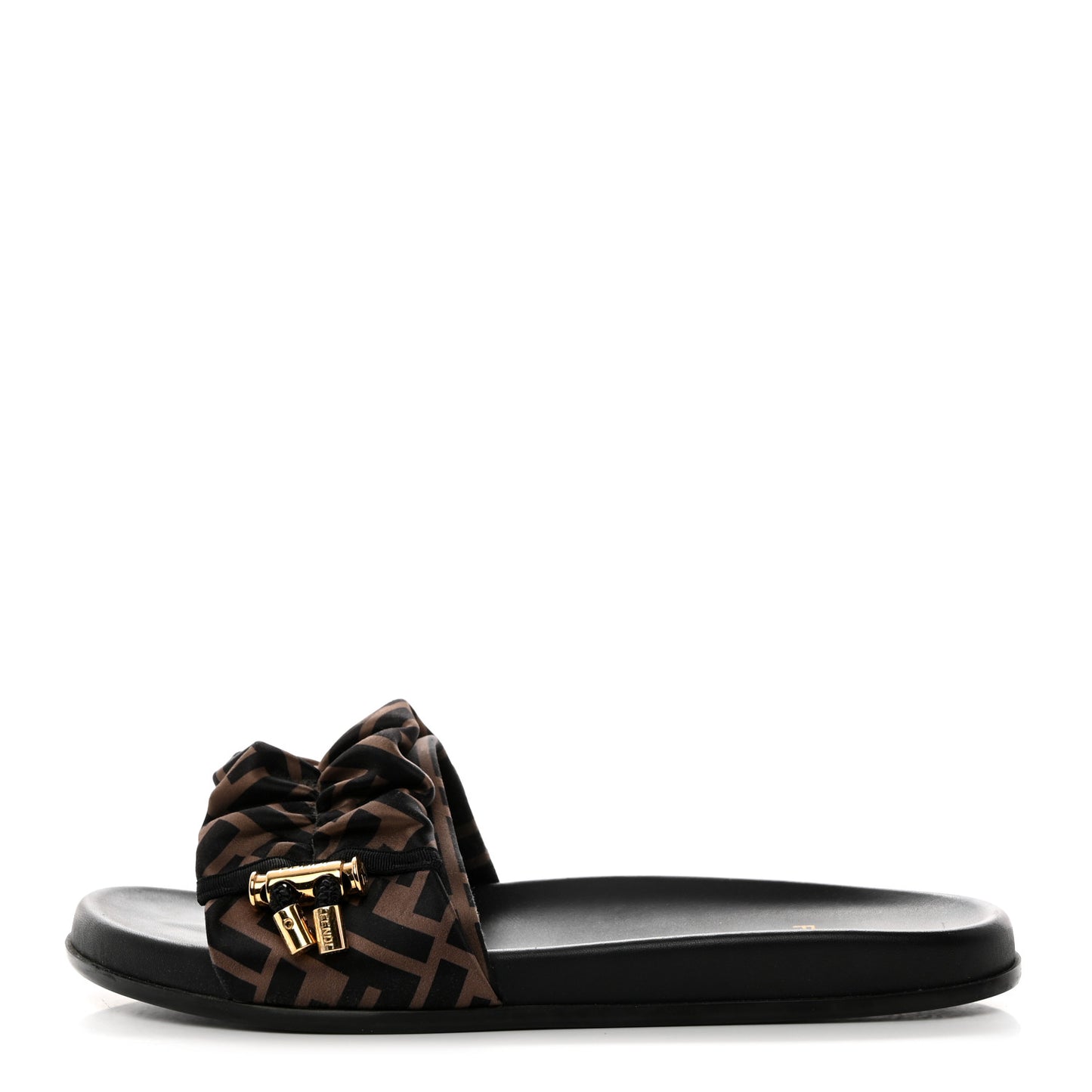 Satin FF Fendi Feel Slide Sandals 39.5 Tobacco Black