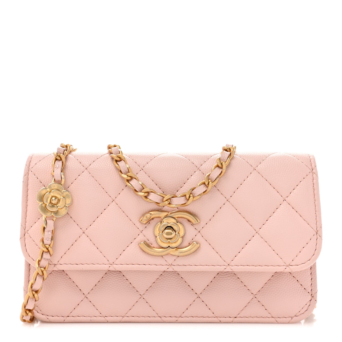 Caviar Quilted Camellia Phone Holder With Chain Light Pink