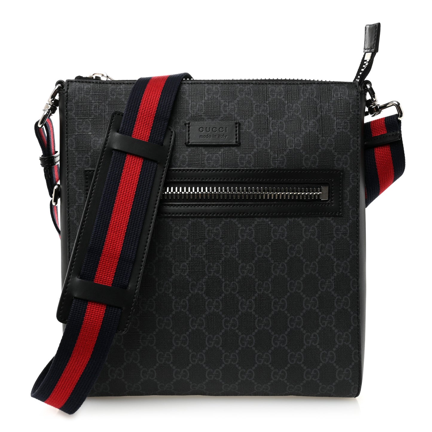 GG Supreme Monogram Appia Calfskin Web Flat Messenger Bag Black Grey