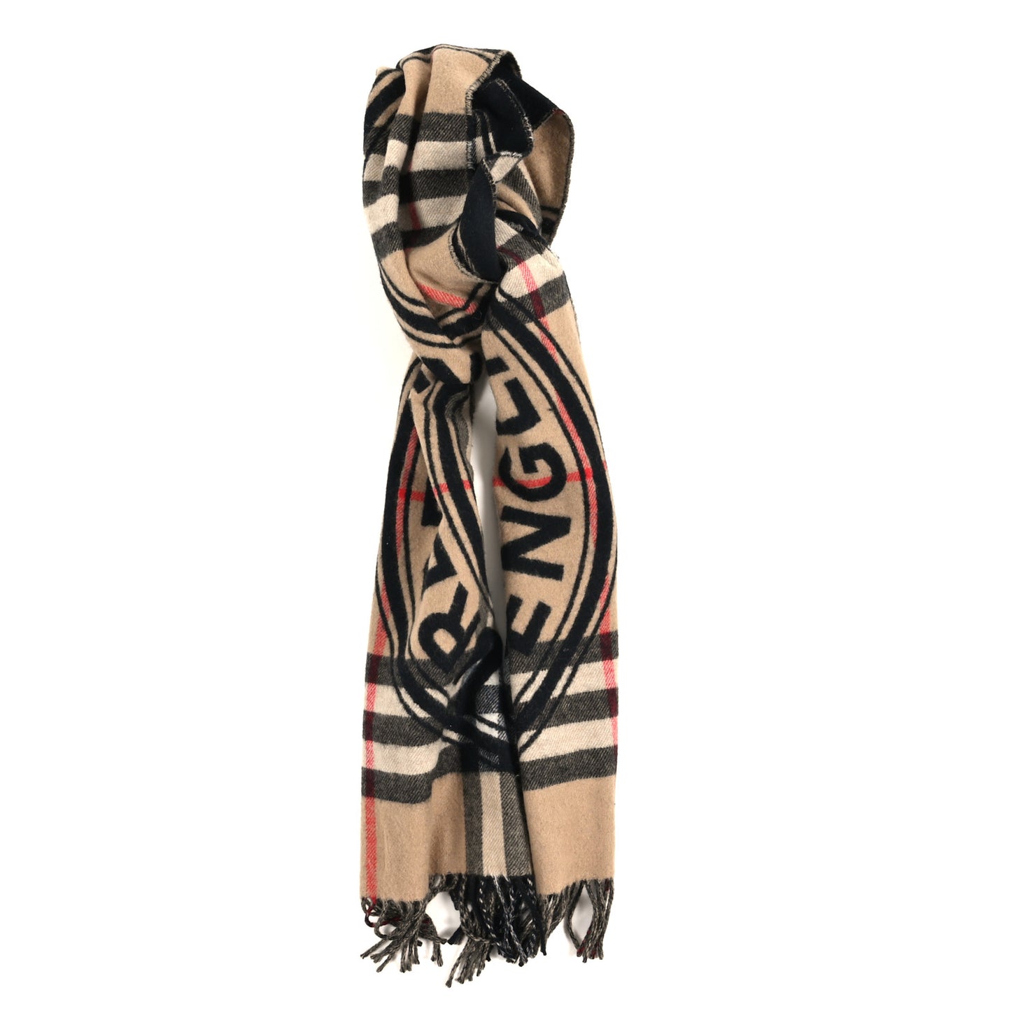 Cashmere Montage Giant Check Fringe Scarf Camel