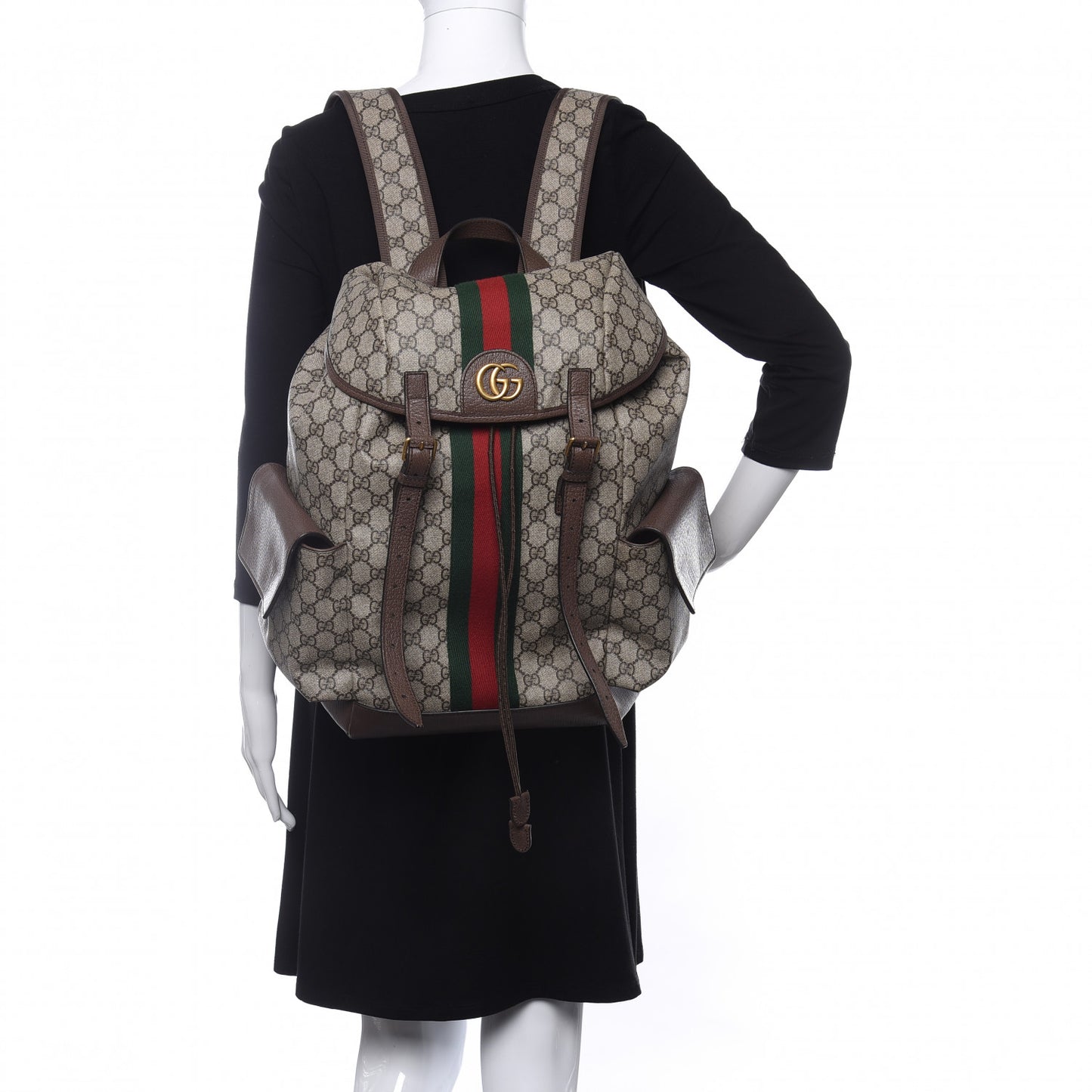 GG Supreme Monogram Medium Ophidia Double Buckle Backpack Brown