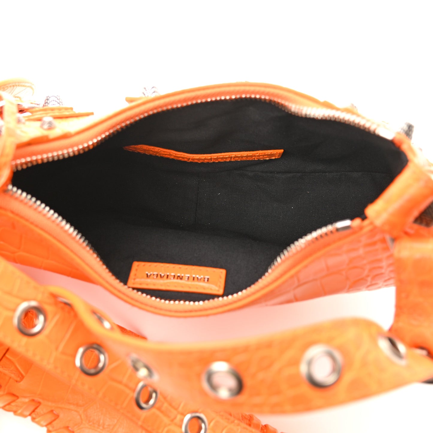 Extra Supple Calfskin Crocodile Embossed Le Cagole Shoulder Bag XS Pop Orange