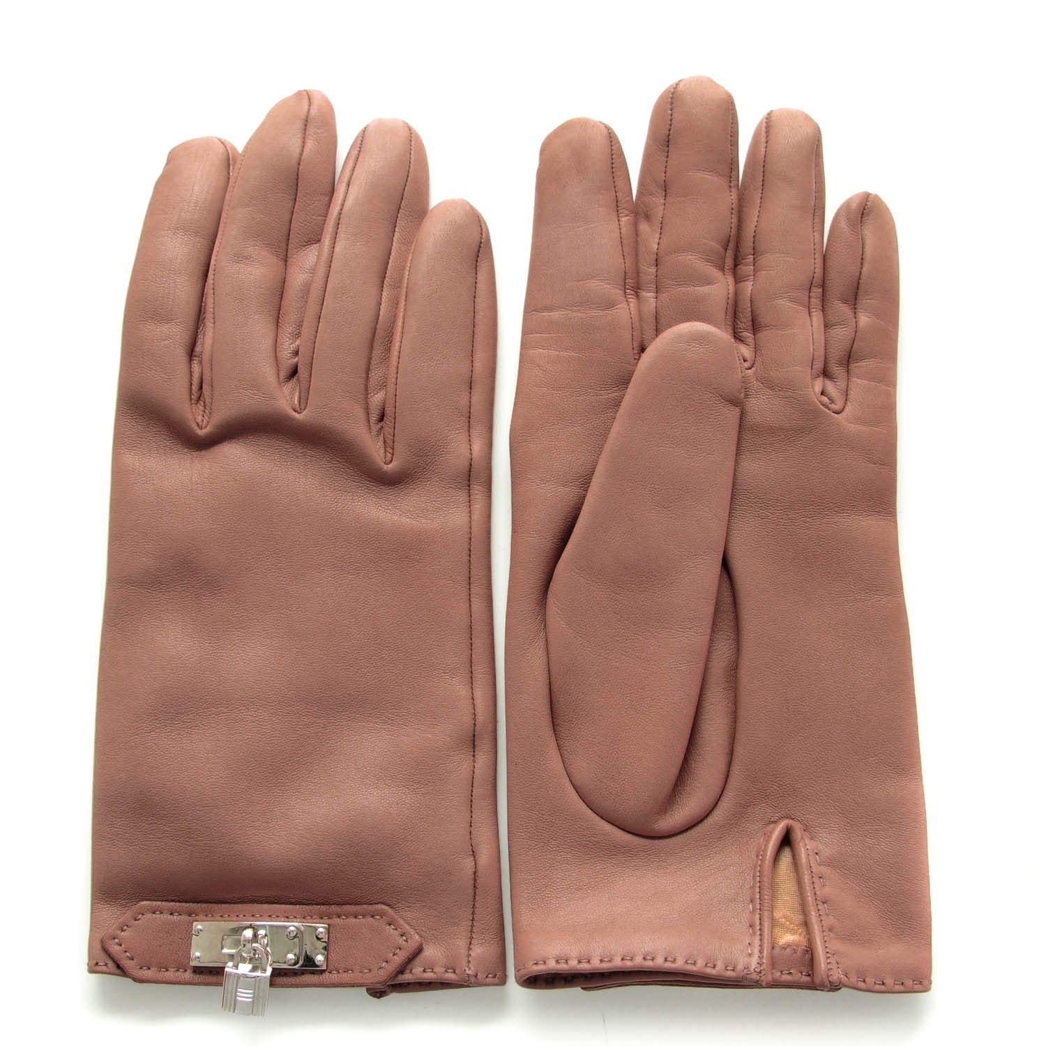 Hermes Lambskin Soya Kelly Lock Gloves 8 Etoupe 1 of 5