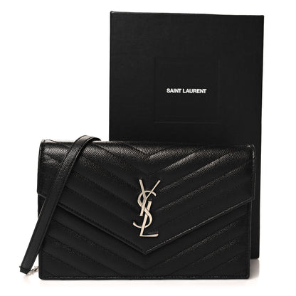 Saint Laurent Grain De Poudre Matelasse Chevron Monogram Envelope Chain Wallet Black 11 of 11