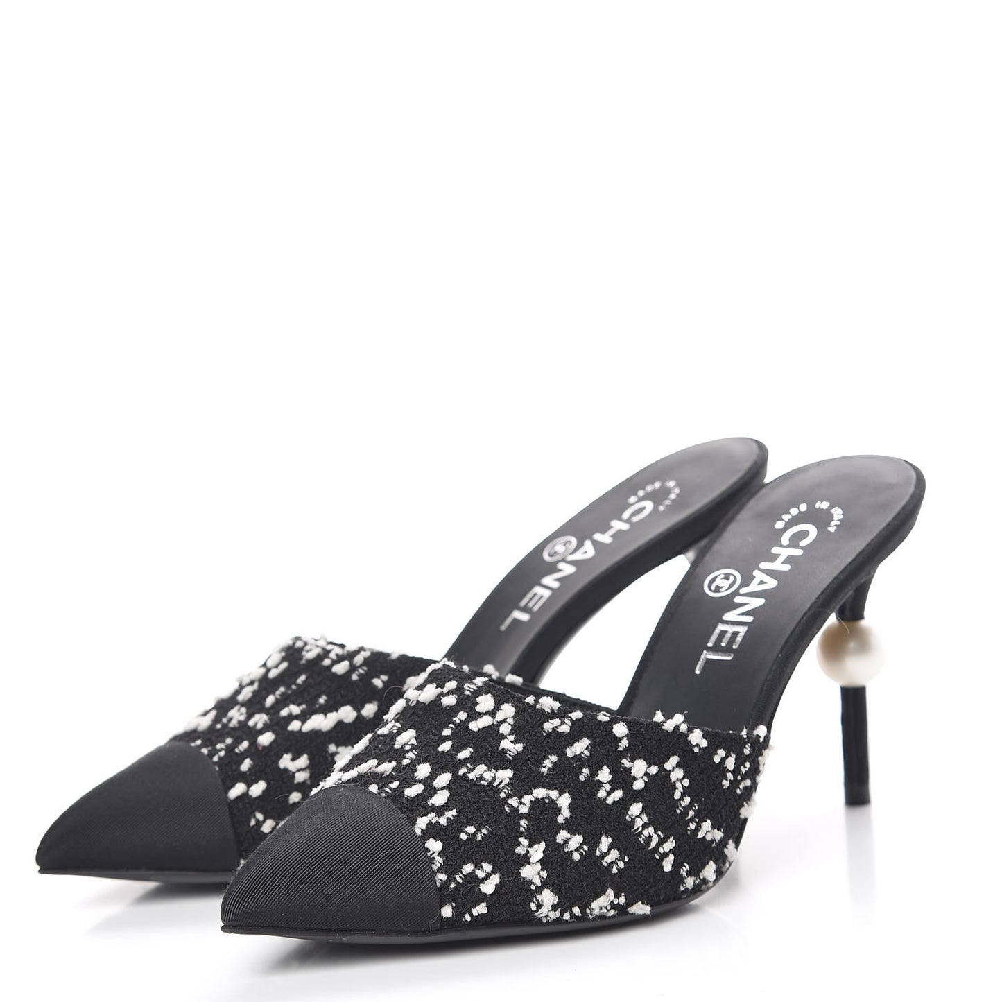 Tweed Grosgrain Pearl Mules 37 Black White