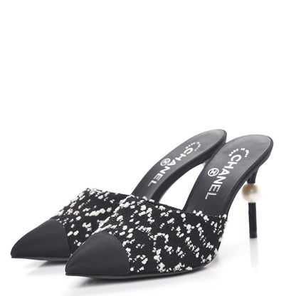 Chanel Tweed Grosgrain Pearl Mules 37 Black White 3 of 13