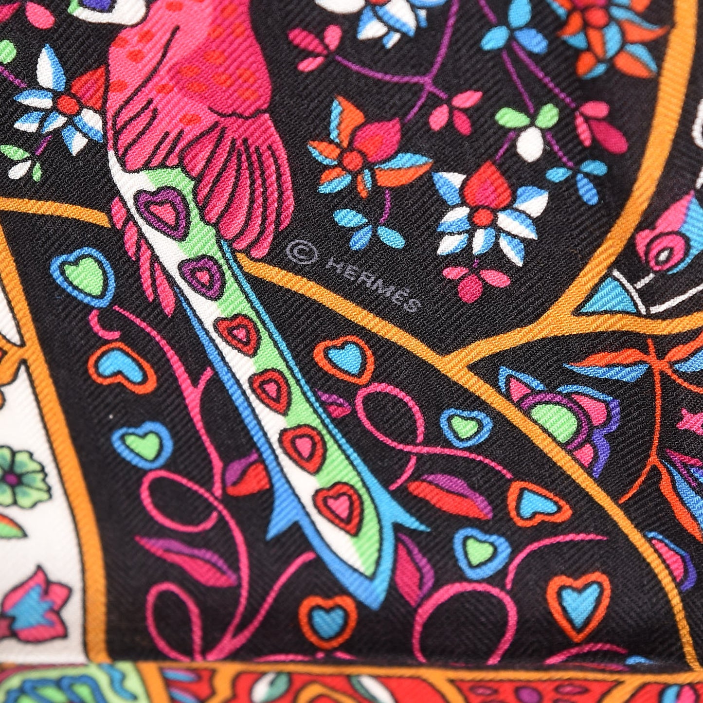 Cashmere Silk Au Pays Des Oiseaux Fleurs Shawl 140 Black Fuchsia Vert
