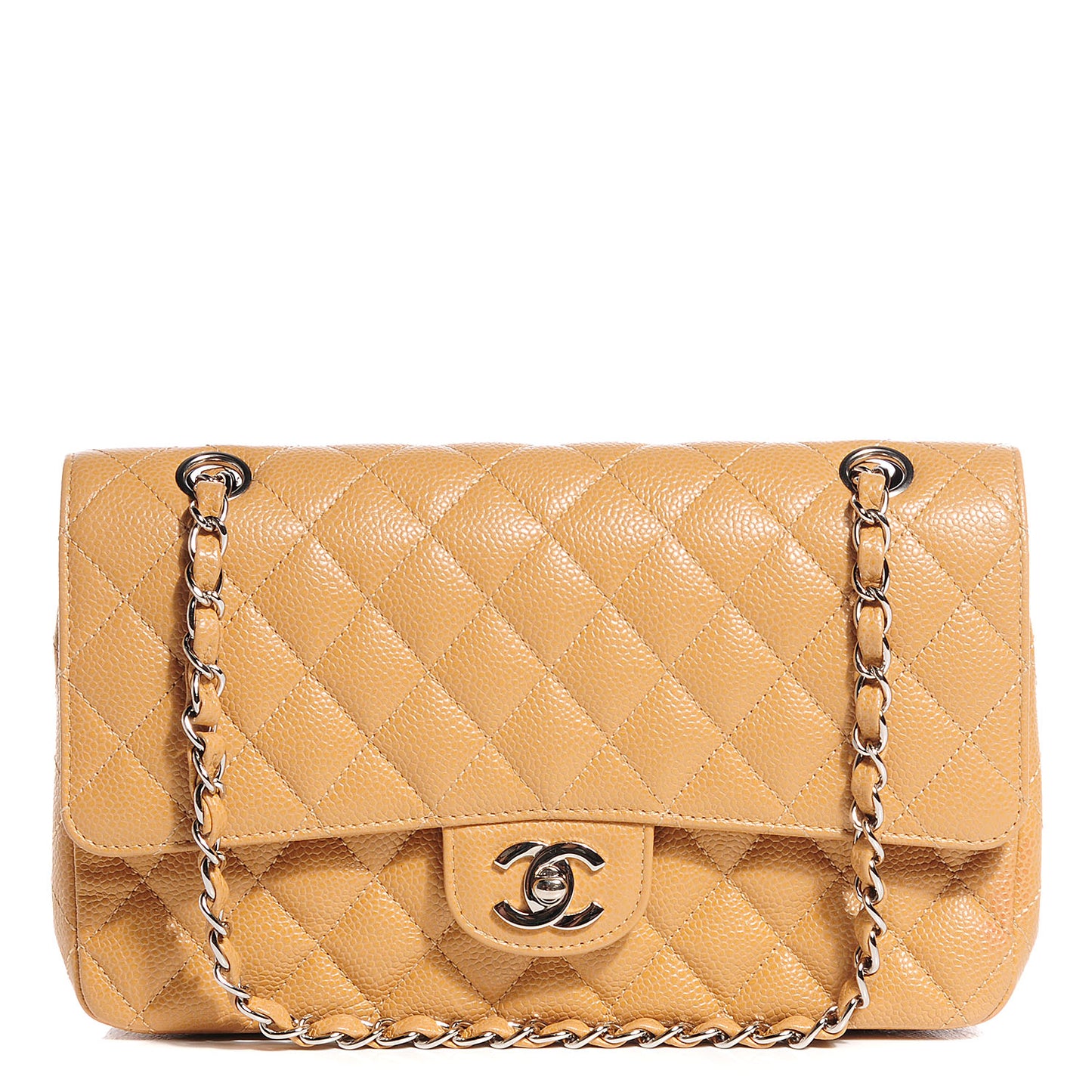 Caviar Quilted Medium Double Flap Beige