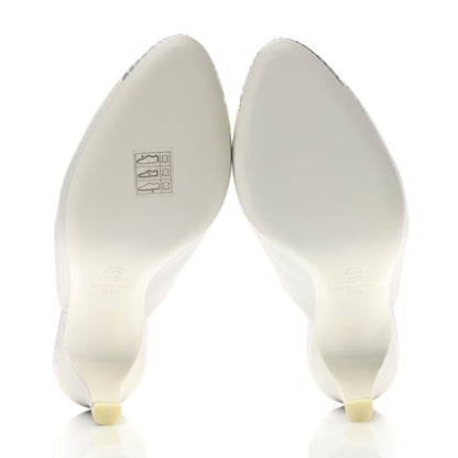 Chanel Grained Calfskin Snakeskin Cap Toe Mules 37.5 Ivory Silver 5 of 8