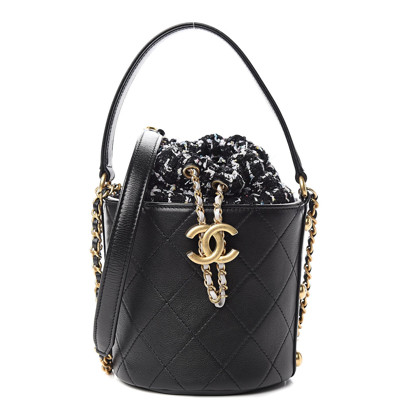 Calfskin Tweed Small CC Chain Bucket Drawstring Bag Black Multicolor