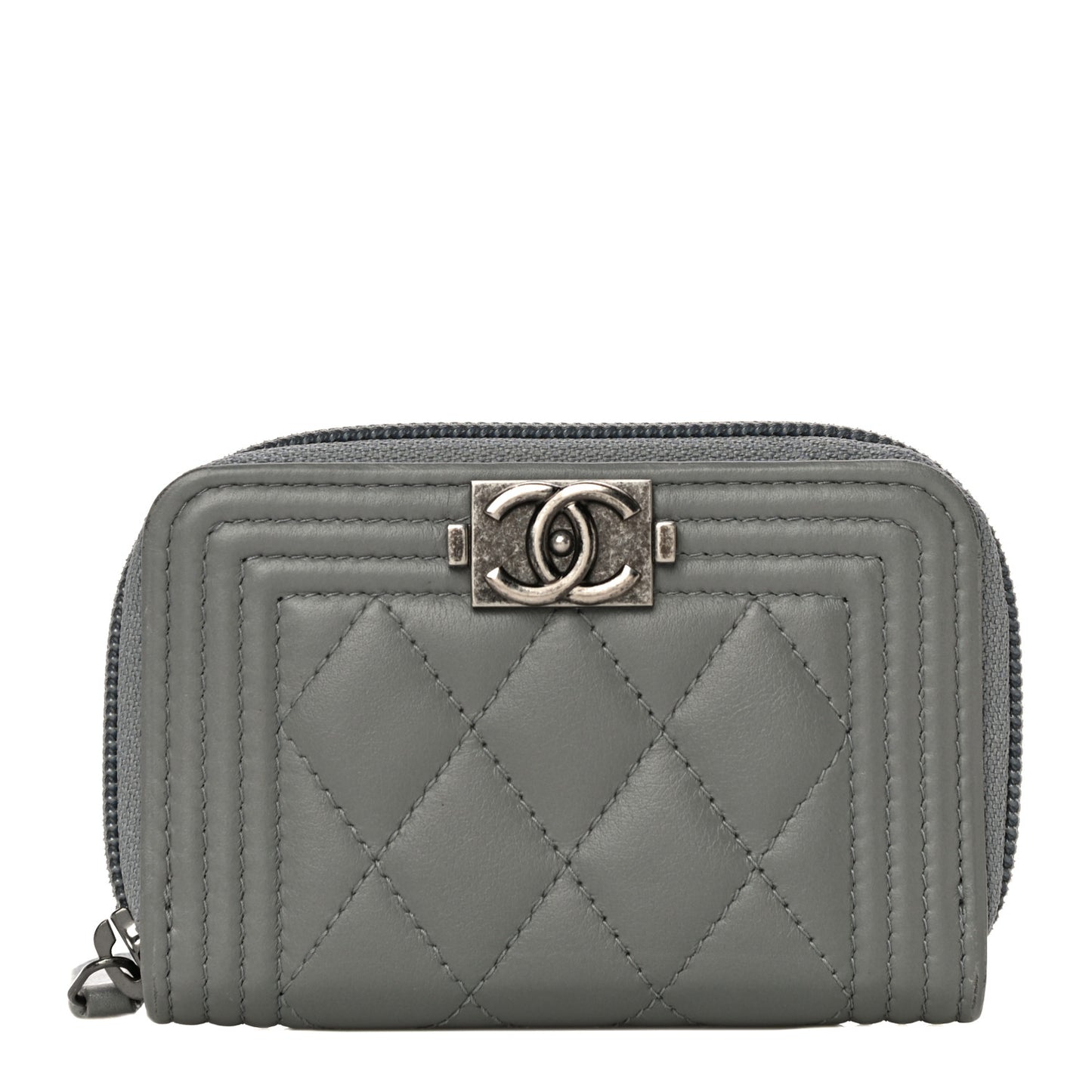 Lambskin Quilted Boy Zip Around Coin Purse Wallet Grey
