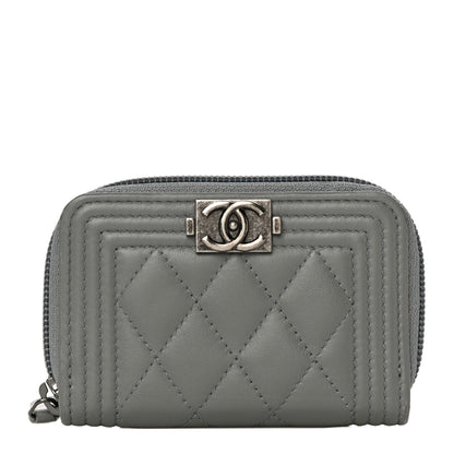 Chanel Lambskin Quilted Boy Zip Around Coin Purse Wallet Grey 1 of 14