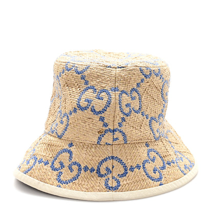 Gucci Raffia GG Monogram Embroidered Fedora Hat S Beige Blue 3 of 9